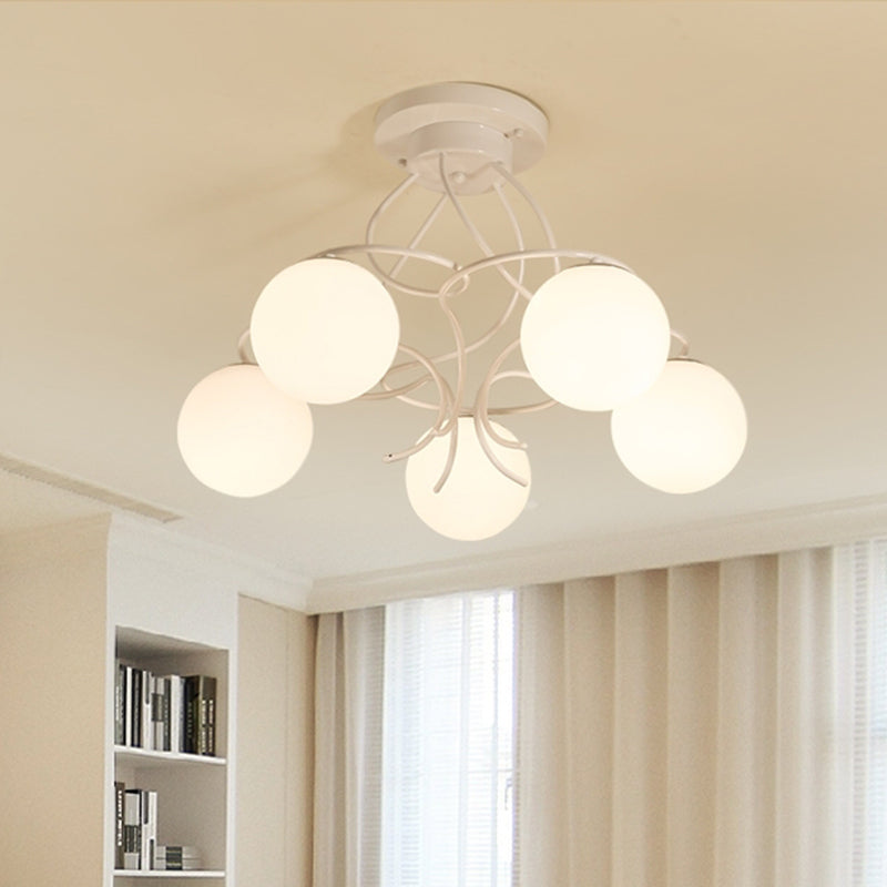 Traditional Milky Glass Semi Flush Ceiling Lamp - Black/White 3/5 Lights For Living Room 5 / White