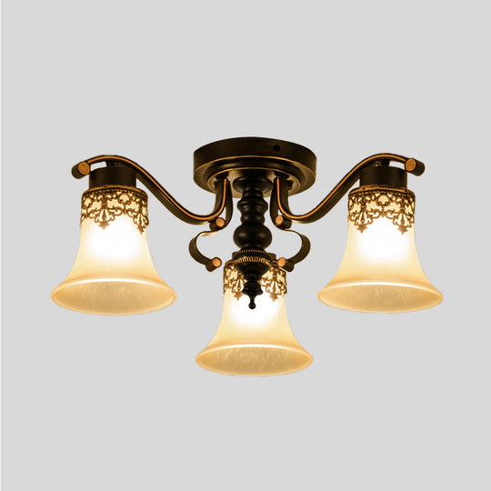 Black Bell Semi Flush Mount Ceiling Light Fixture - Classic Frosted Glass - 3/6/8 Lights for Living Room