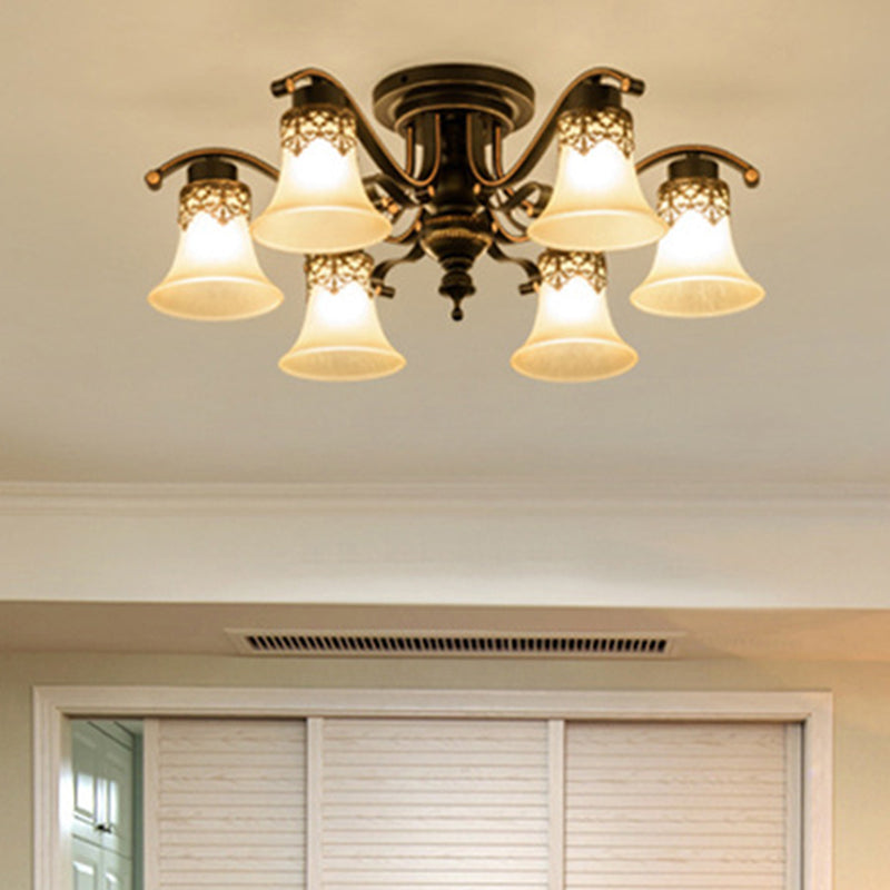 Black Bell Semi Flush Mount Ceiling Light Fixture - Classic Frosted Glass - 3/6/8 Lights for Living Room