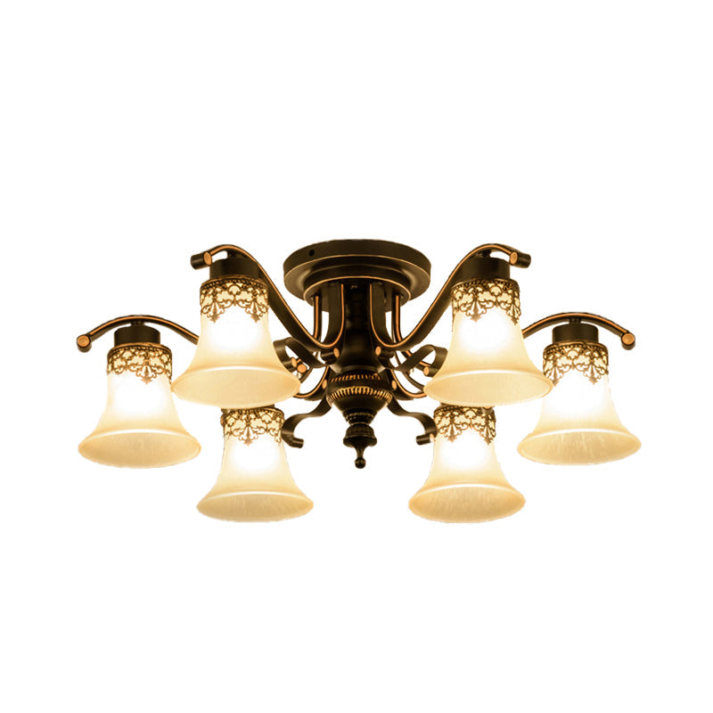 Black Bell Semi Flush Mount Ceiling Light Fixture - Classic Frosted Glass - 3/6/8 Lights for Living Room