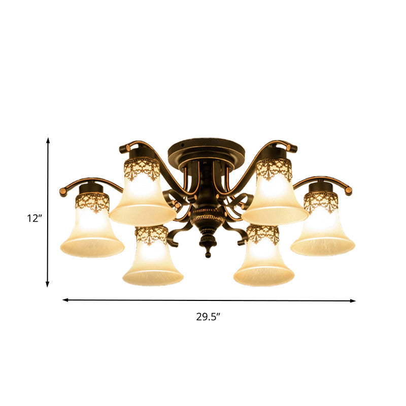 Black Bell Semi Flush Mount Ceiling Light Fixture - Classic Frosted Glass - 3/6/8 Lights for Living Room