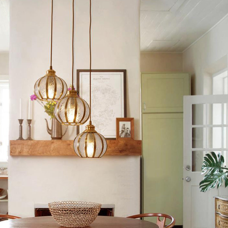 Retro Glass Pendant Light With Textured Sphere Cluster And Brass Finish - Round Or Linear Canopy 1/3