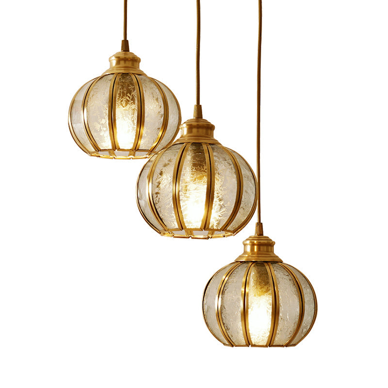 Retro Glass Pendant Light With Textured Sphere Cluster And Brass Finish - Round Or Linear Canopy 1/3