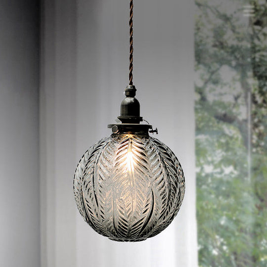 Mahasim - Colonial Colonial Global Pendant Light Fixture 1-Head Clear/Smoke Gray Glass Hanging Lamp  with Feather Design