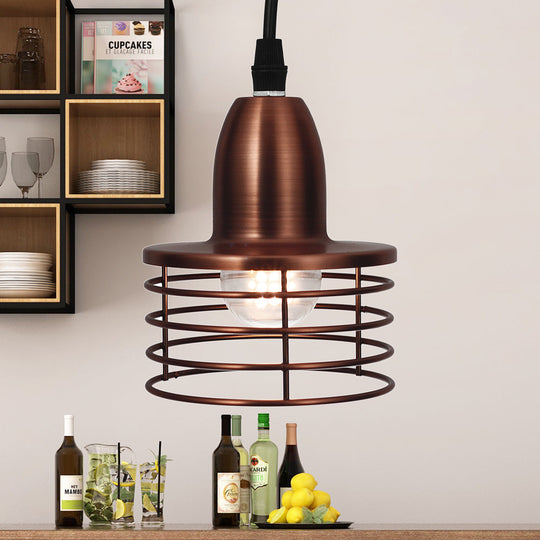 Industrial Retro Pendant Lighting: 1-Light Drum Pendant with Wire Cage Shade for Kitchen Ceiling, Black/Bronze Metal