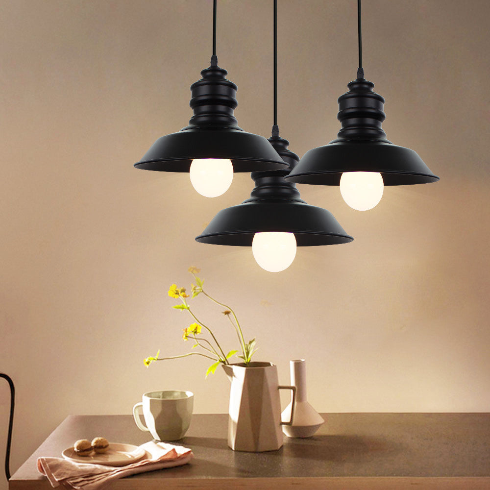 Farmhouse Barn Pendant Light - 3-Light Metallic Hanging Fixture with Round/Linear Black Canopy