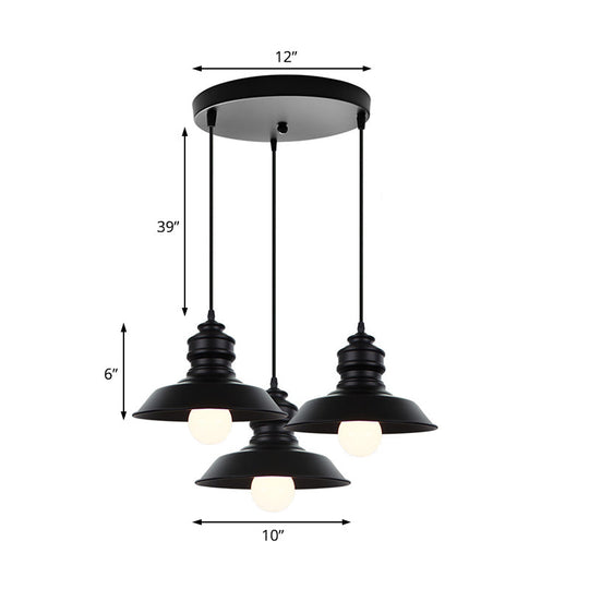 Farmhouse Barn Pendant Light - 3-Light Metallic Hanging Fixture with Round/Linear Black Canopy