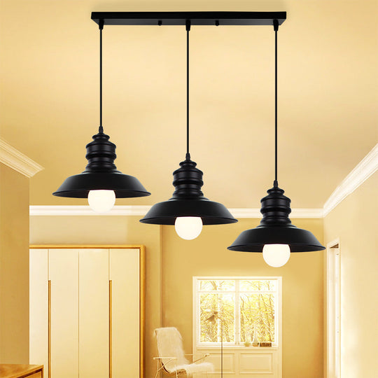 Farmhouse Barn Pendant Light - 3-Light Metallic Hanging Fixture with Round/Linear Black Canopy