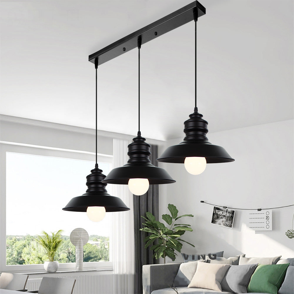 Farmhouse Barn Pendant Light - 3-Light Metallic Hanging Fixture with Round/Linear Black Canopy