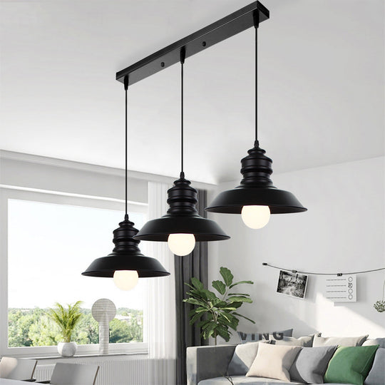 Farmhouse Barn Pendant Light - 3-Light Metallic Hanging Fixture with Round/Linear Black Canopy