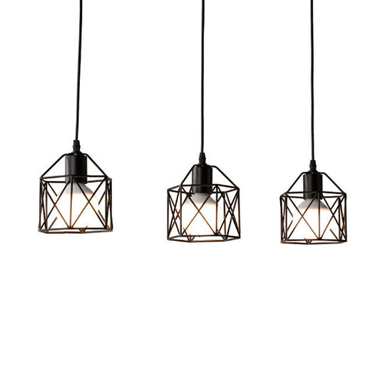 Metallic 3-Bulb Black Hexagon Pendant Light Farmhouse Style Kitchen Ceiling Fixture With Wire Cage