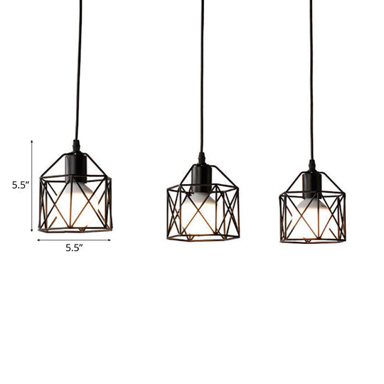 Hexagon Kitchen Ceiling Fixture - Wire Cage Pendant Light with Farmhouse Style, Metallic Finish - 3 Bulbs, Black