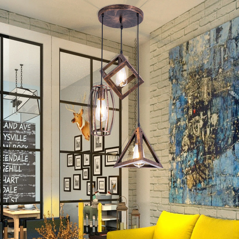 Antique Style Wrought Iron Pendant Lamp - 3-Head Caged Design for Dining Room Ceiling - Rust Finish