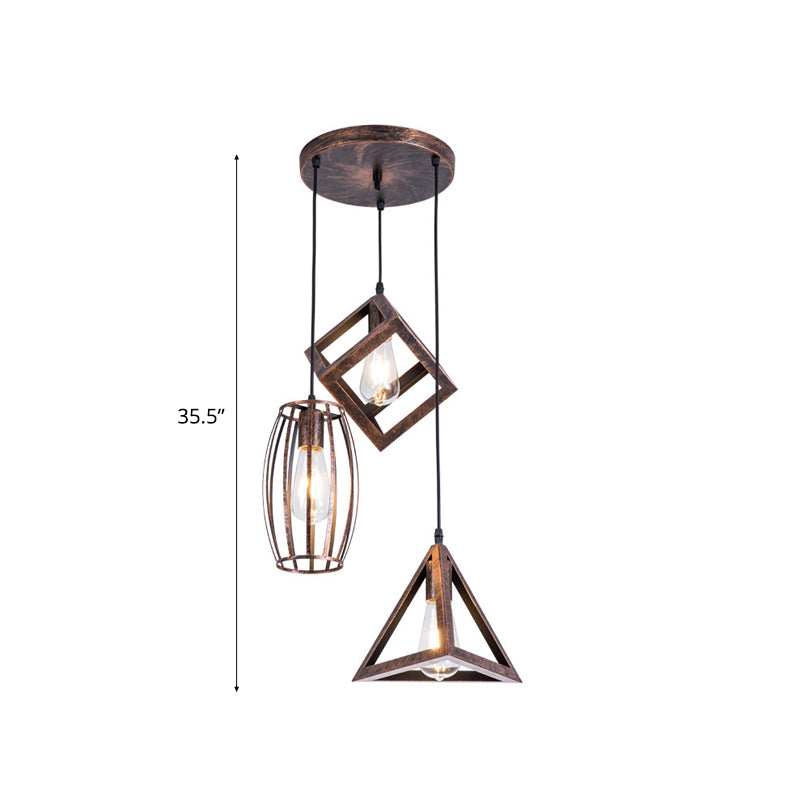 Antique Style Wrought Iron Pendant Lamp - 3-Head Caged Design for Dining Room Ceiling - Rust Finish