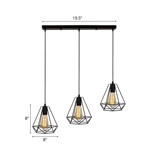 Vintage Industrial Metal Teardrop Cage Pendant Light with 3 Lights for Living Room - Black