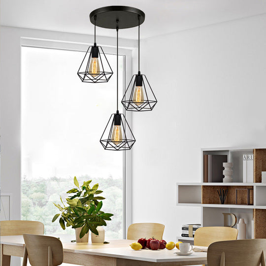 Vintage Industrial Metal Teardrop Cage Pendant Light with 3 Lights for Living Room - Black