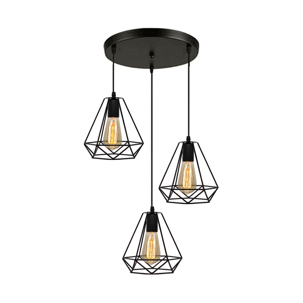 Vintage Industrial Metal Teardrop Cage Pendant Light with 3 Lights for Living Room - Black