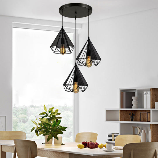 Retro Style Black Diamond Cage Pendant Light With 3 Metallic Heads For Dining Rooms - Round/Linear