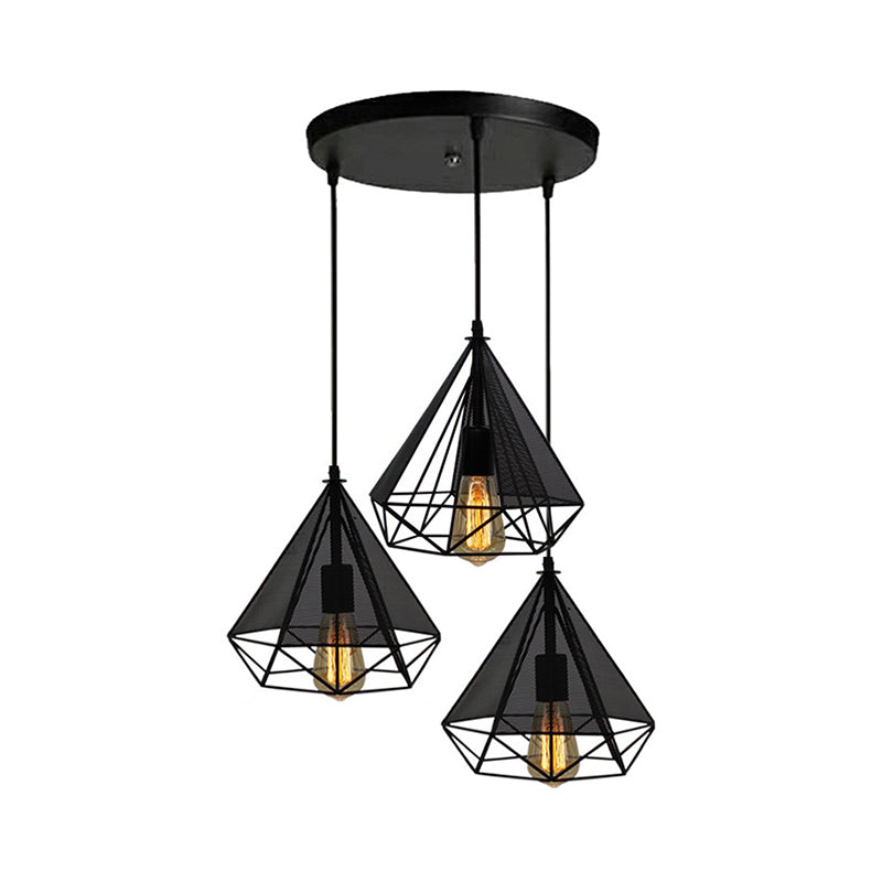 Retro Style Black Diamond Cage Pendant Light With 3 Metallic Heads For Dining Rooms - Round/Linear