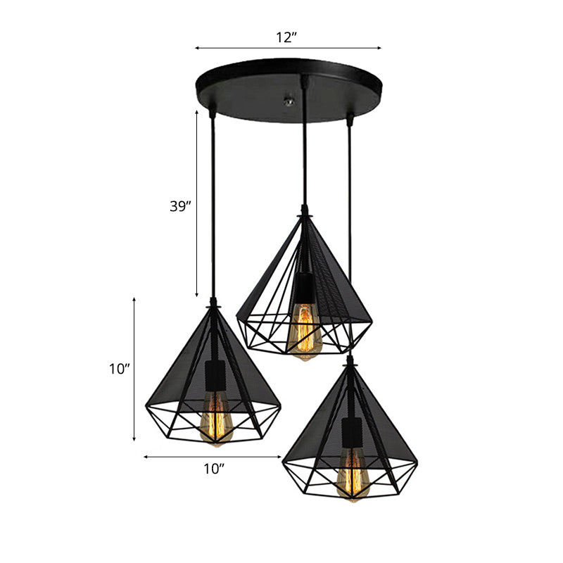 Retro Style Black Diamond Cage Pendant Light With 3 Metallic Heads For Dining Rooms - Round/Linear