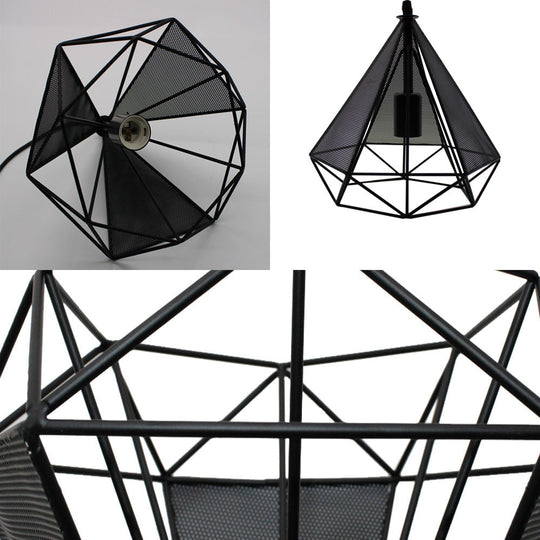 Retro Style Black Diamond Cage Pendant Light With 3 Metallic Heads For Dining Rooms - Round/Linear