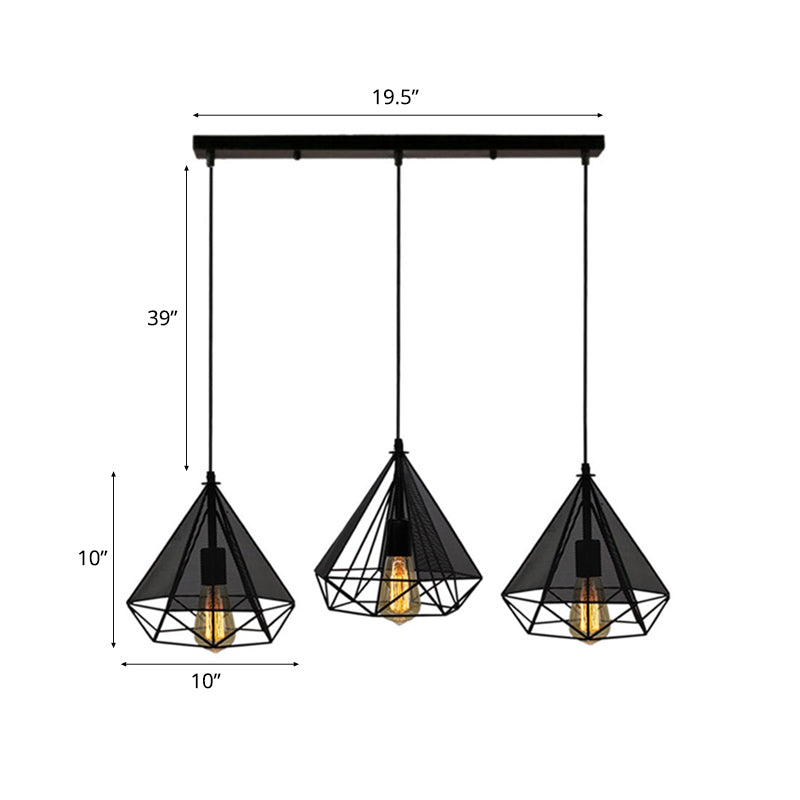 Retro Style Black Diamond Cage Pendant Light With 3 Metallic Heads For Dining Rooms - Round/Linear