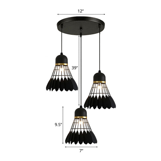 Retro Stylish Black Finish Metal Pendant Lighting With 3 Light Fixtures For Badminton Theme