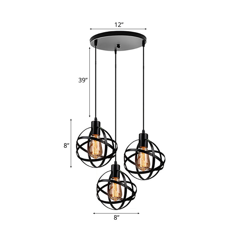 Spherical Pendant Light Fixture - Industrial Black Metal Hanging With Wire Guard Ideal For Dining