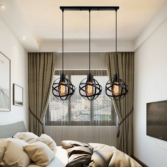 Spherical Pendant Light Fixture - Industrial Black Metal Hanging With Wire Guard Ideal For Dining