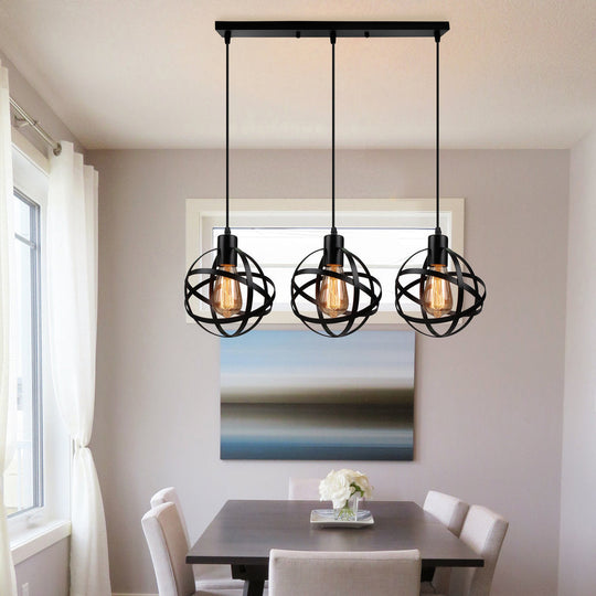 Spherical Pendant Light Fixture: Industrial Black Metal with Wire Guard - Perfect for Dining Room Lighting