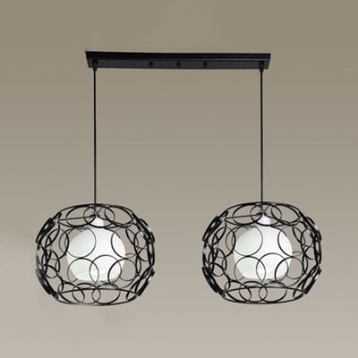 Industrial Metal Hanging Lamp with Circles Design - 2 Bulbs, Inner Glass Shade, Wire Frame - Black/White