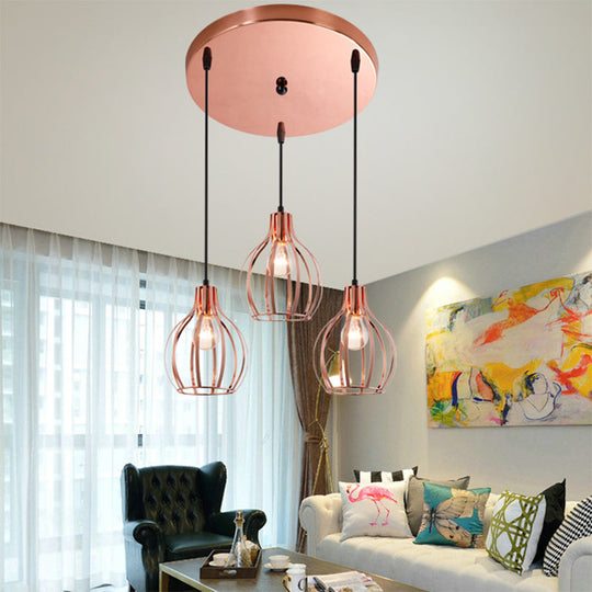 Metallic Rose Gold Pendant Lighting - Industrial Style Ceiling Light Fixture with Cage Shade - 3 Lights - Round/Linear Canopy