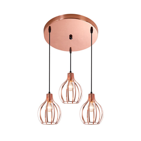 Metallic Rose Gold Pendant Lighting - Industrial Style Ceiling Light Fixture with Cage Shade - 3 Lights - Round/Linear Canopy