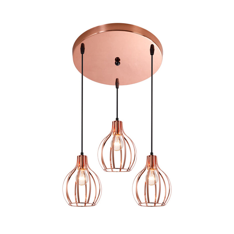 Industrial Style Metallic Rose Gold Pendant Lighting With 3 Lights And Global Cage Shade