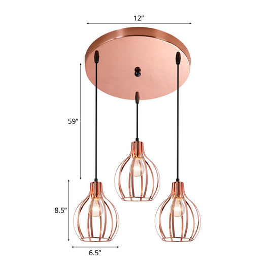 Metallic Rose Gold Pendant Lighting - Industrial Style Ceiling Light Fixture with Cage Shade - 3 Lights - Round/Linear Canopy