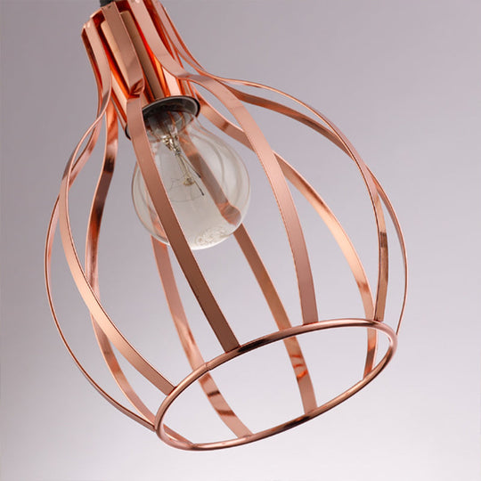 Metallic Rose Gold Pendant Lighting - Industrial Style Ceiling Light Fixture with Cage Shade - 3 Lights - Round/Linear Canopy