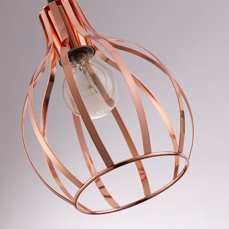 Industrial Style Metallic Rose Gold Pendant Lighting With 3 Lights And Global Cage Shade