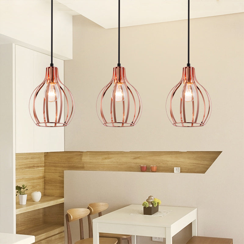 Metallic Rose Gold Pendant Lighting - Industrial Style Ceiling Light Fixture with Cage Shade - 3 Lights - Round/Linear Canopy