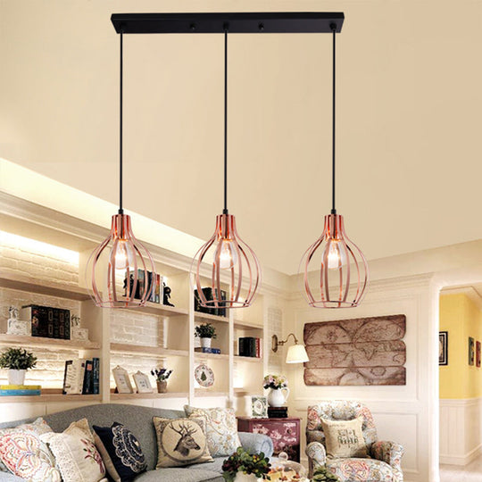 Metallic Rose Gold Pendant Lighting - Industrial Style Ceiling Light Fixture with Cage Shade - 3 Lights - Round/Linear Canopy