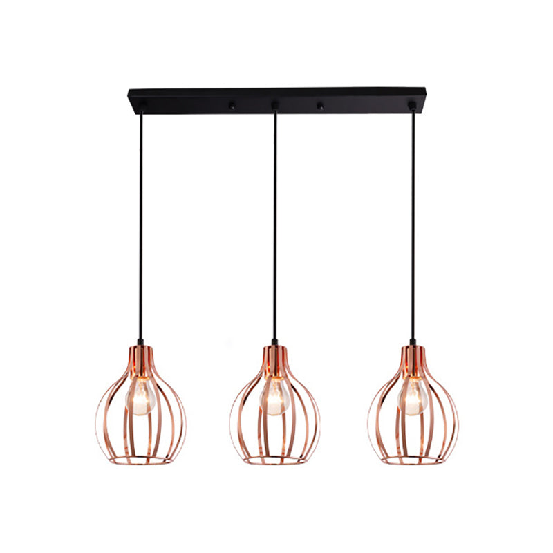 Metallic Rose Gold Pendant Lighting - Industrial Style Ceiling Light Fixture with Cage Shade - 3 Lights - Round/Linear Canopy