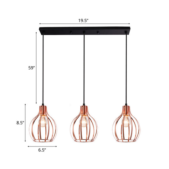 Metallic Rose Gold Pendant Lighting - Industrial Style Ceiling Light Fixture with Cage Shade - 3 Lights - Round/Linear Canopy