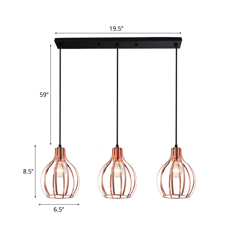 Industrial Style Metallic Rose Gold Pendant Lighting With 3 Lights And Global Cage Shade