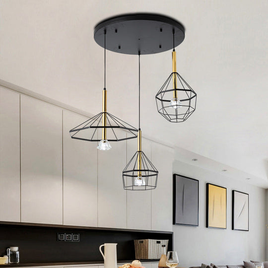 Industrial Wire Cage Pendant Ceiling Light With 3 Different Shade Lights - Black Metal Hanging