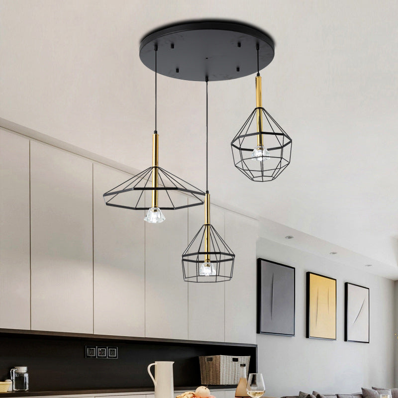 Industrial Wire Cage Pendant Ceiling Light With 3 Different Shade Lights - Black Metal Hanging /