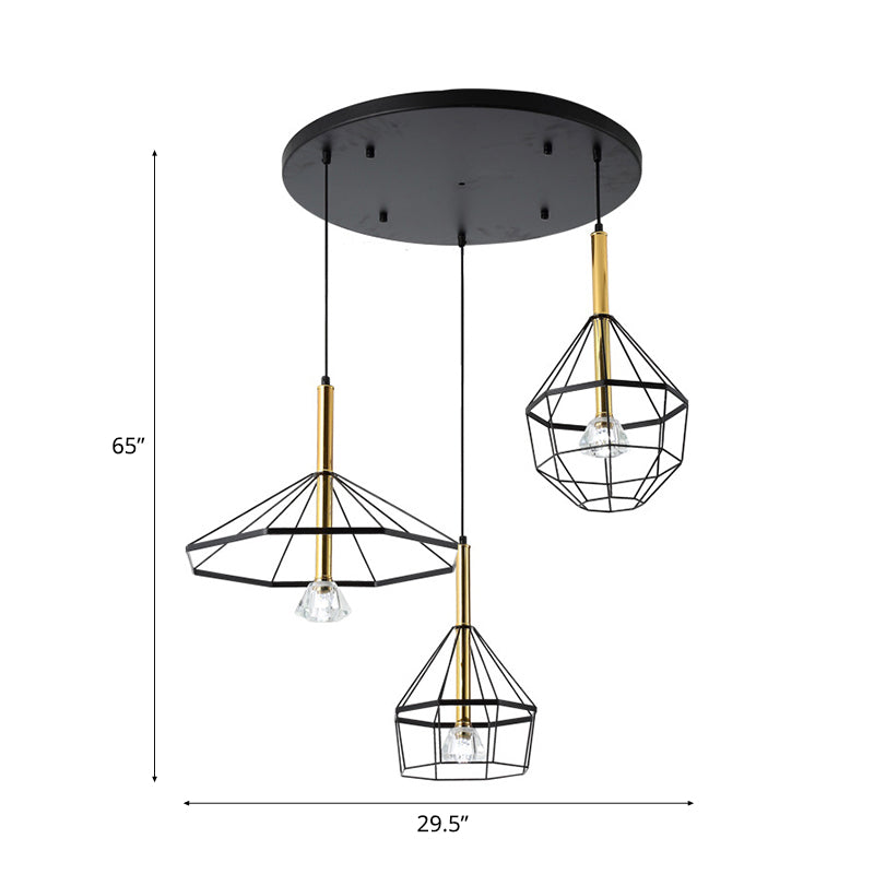 Industrial Wire Cage Pendant Ceiling Light With 3 Different Shade Lights - Black Metal Hanging