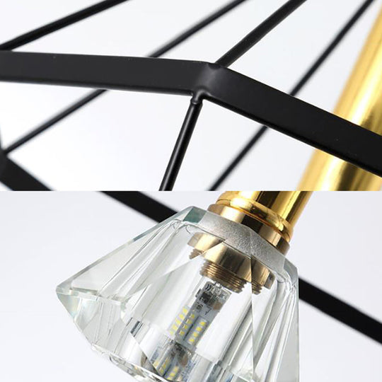 Industrial Wire Cage Pendant Ceiling Light With 3 Different Shade Lights - Black Metal Hanging