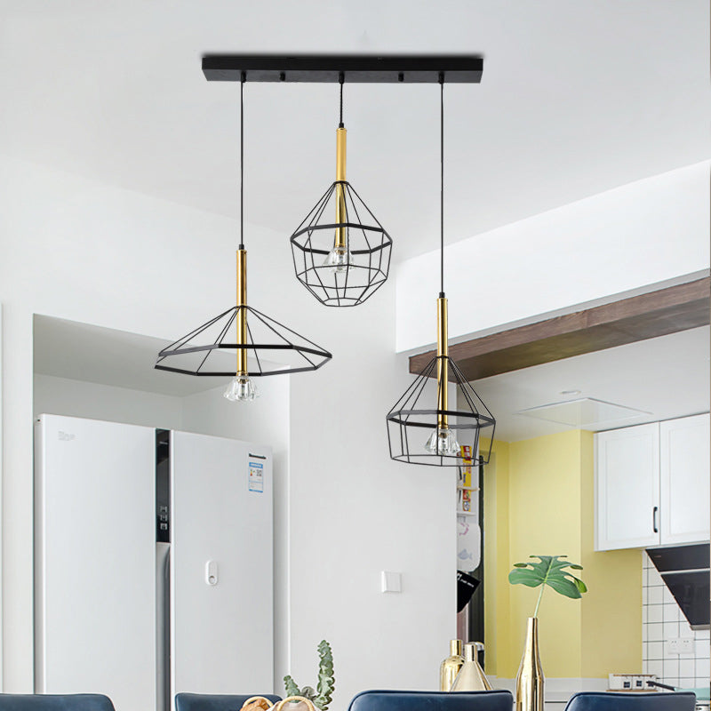 Industrial Wire Cage Pendant Ceiling Light With 3 Different Shade Lights - Black Metal Hanging