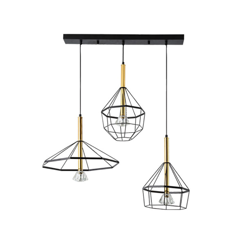 Industrial Wire Cage Pendant Ceiling Light With 3 Different Shade Lights - Black Metal Hanging