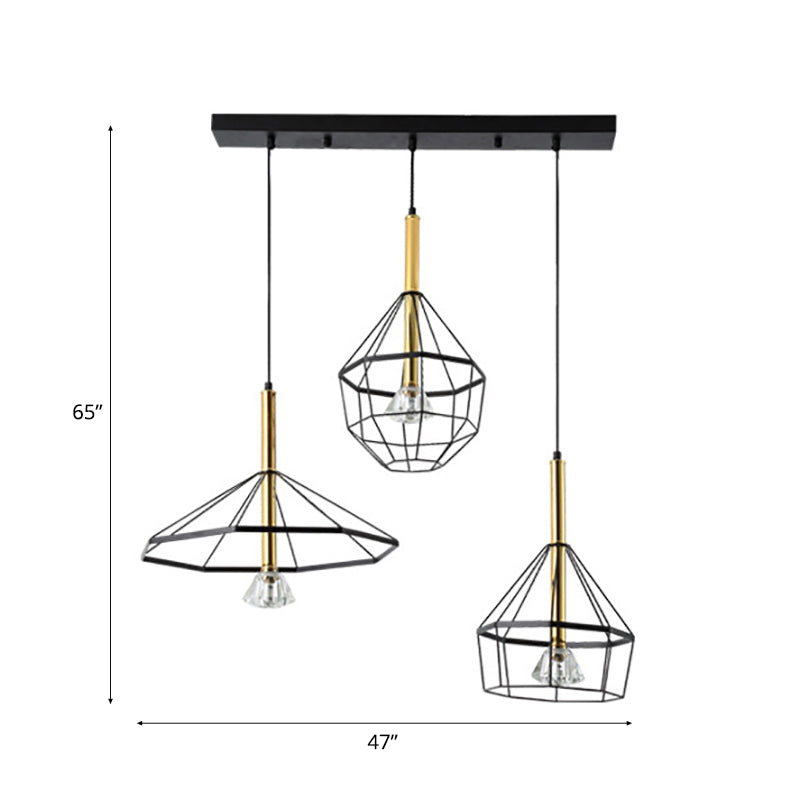 Industrial Wire Cage Pendant Ceiling Light With 3 Different Shade Lights - Black Metal Hanging