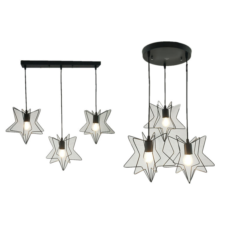 Industrial Star Cage Pendant Light with 3 Metallic Heads for Restaurants, with Linear/Round Canopy in Black/White